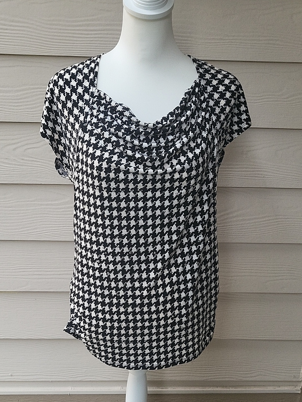 Chaus Black & White Houndstooth Cowl Neck Blouse Size Large